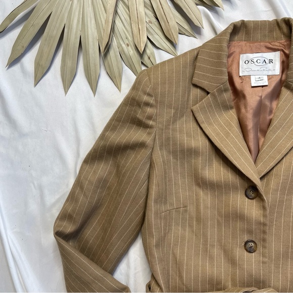 Oscar De La Renta 100% Wool Tie Front Neutral Beige Cream Belted Blazer Jacket - Picture 3 of 7